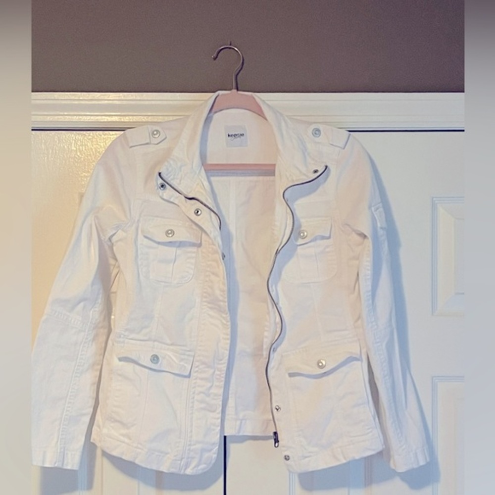 Kensie Jeans Military Style White Jean Jacket